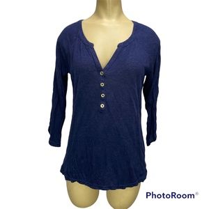Lilly Pulitzer Womens S Egret Henley Top 100% Linen Navy Blue 3/4 Sleeve